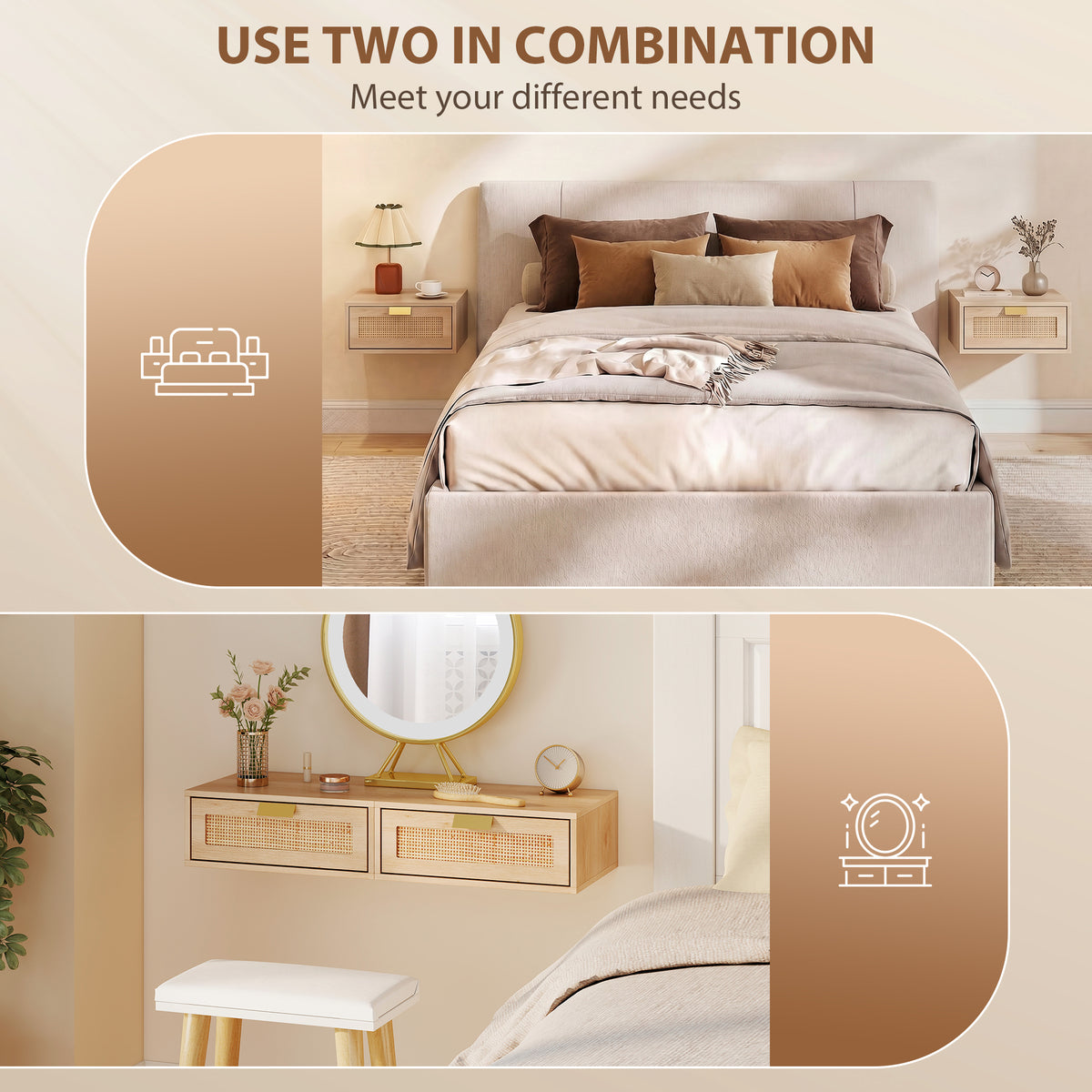 Set of 2 Floating Nightstands - Oak with Rattan Drawer-Home Furnishings > Bedroom Furniture > Bedside Tables-DECOROLALA