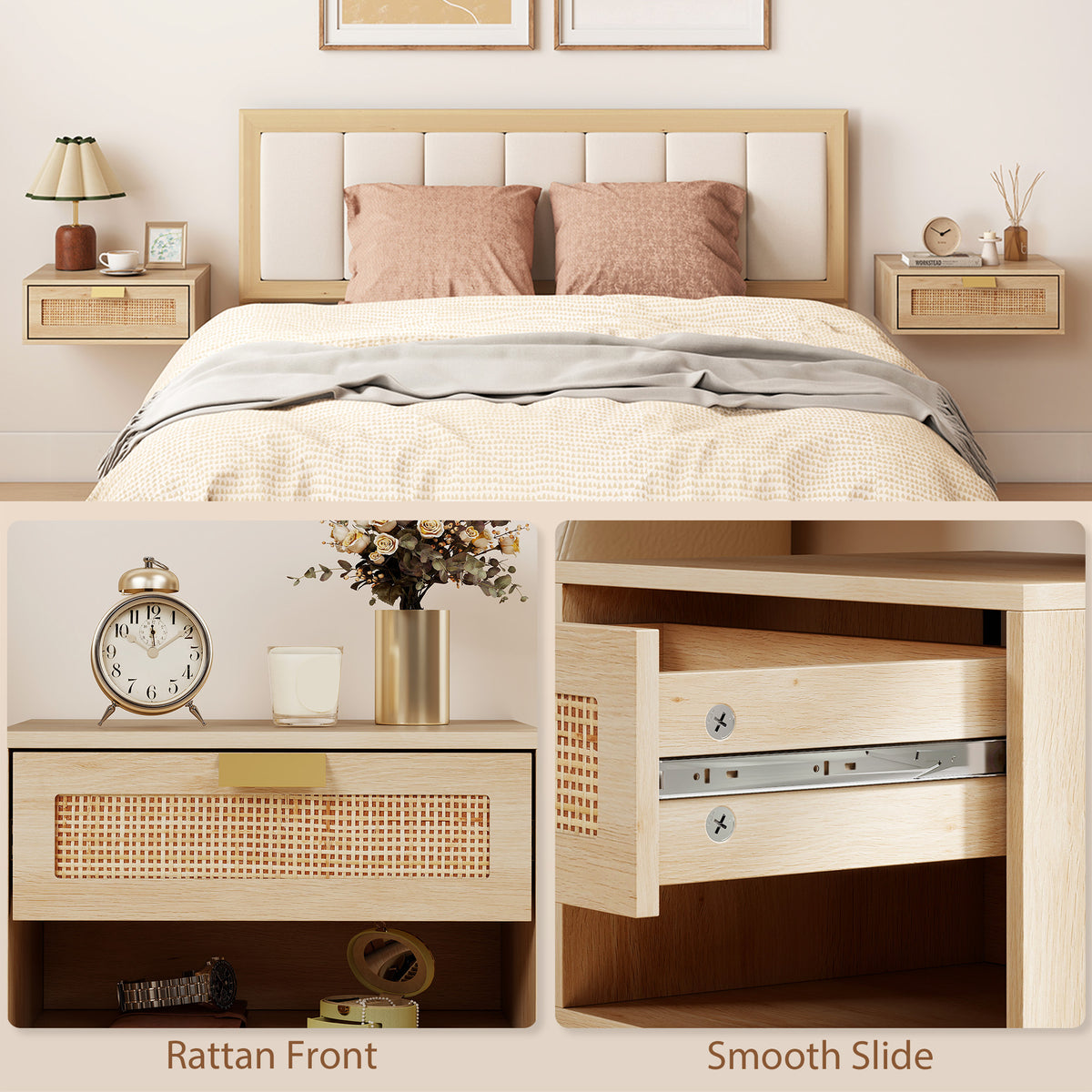 Set of 2 Floating Nightstands - Oak with Rattan Drawer-Home Furnishings > Bedroom Furniture > Bedside Tables-DECOROLALA