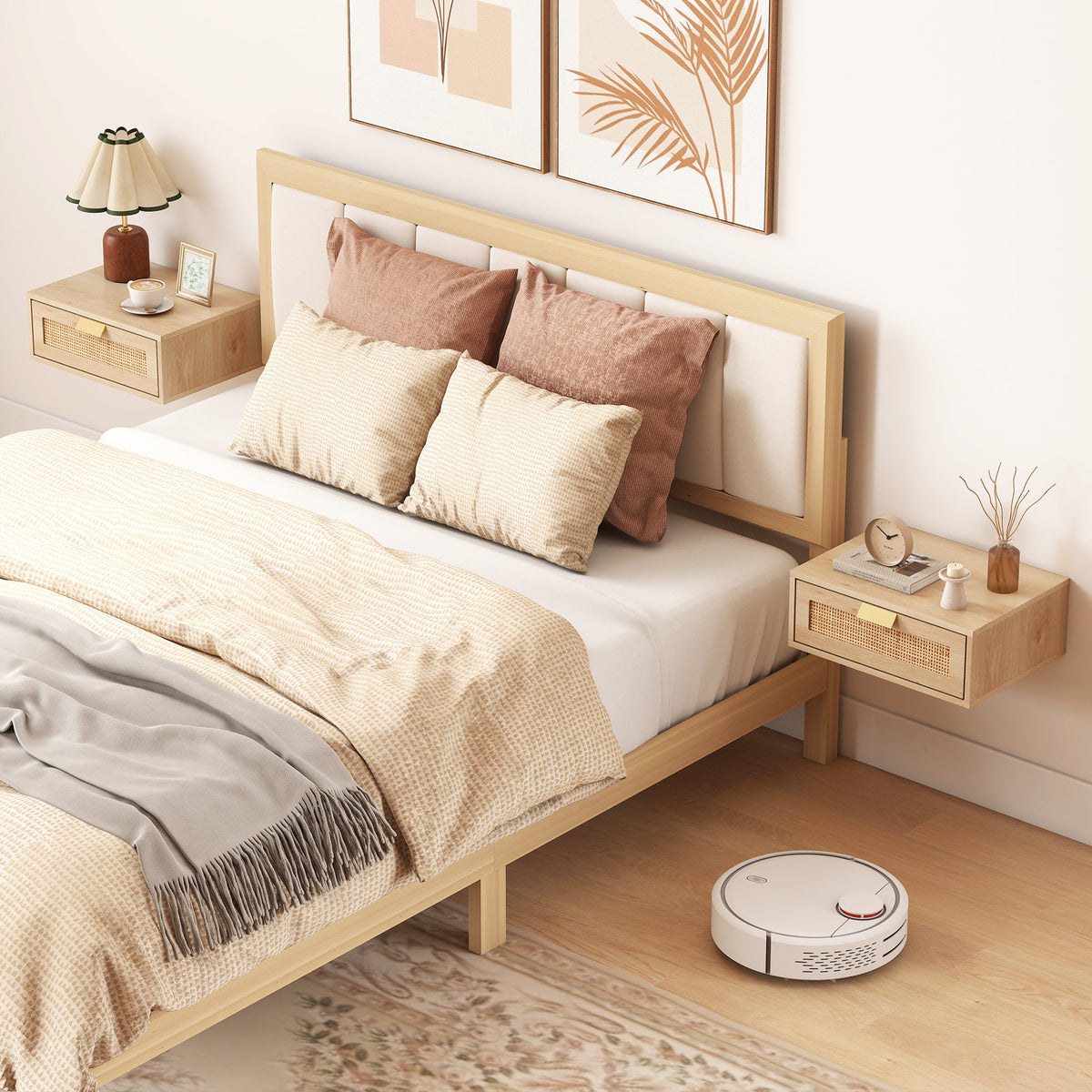 Set of 2 Floating Nightstands - Oak with Rattan Drawer-Home Furnishings > Bedroom Furniture > Bedside Tables-DECOROLALA