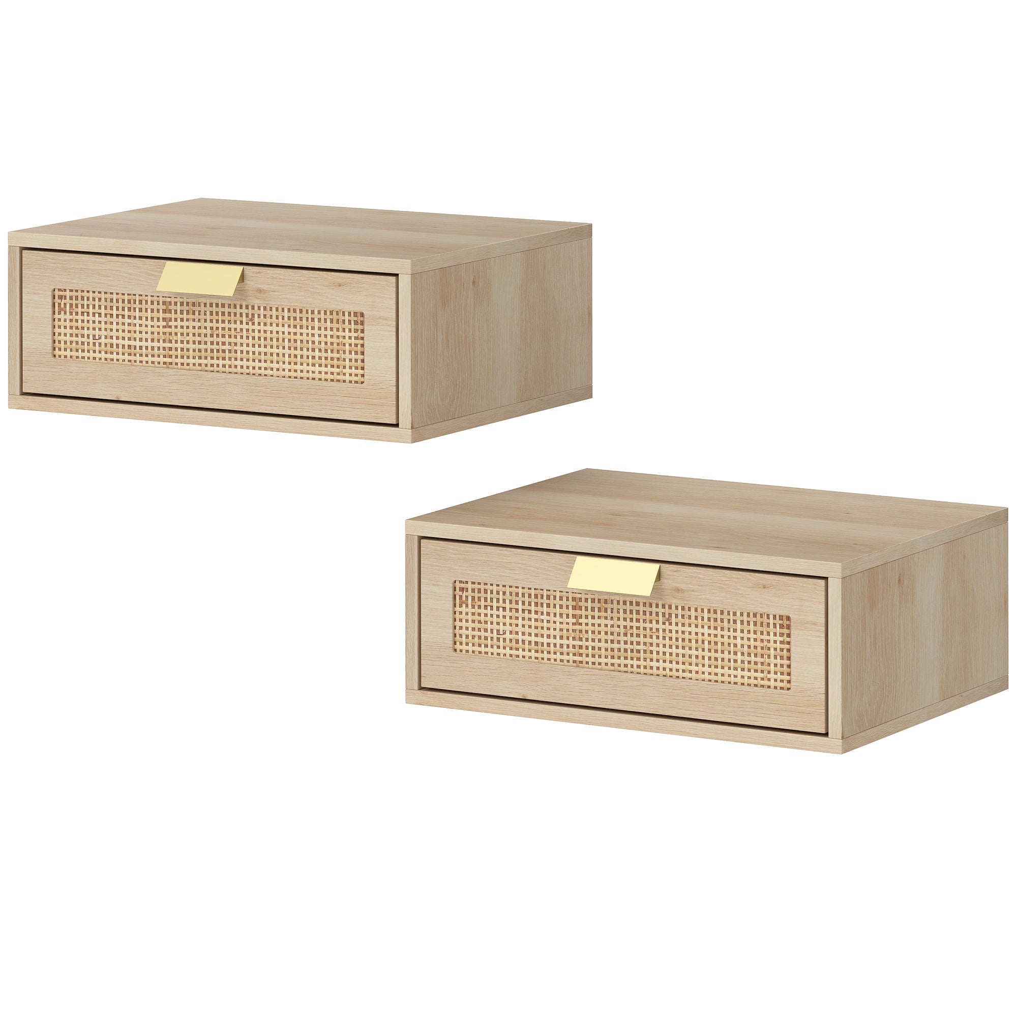 Set of 2 Floating Nightstands - Oak with Rattan Drawer-Home Furnishings > Bedroom Furniture > Bedside Tables-DECOROLALA