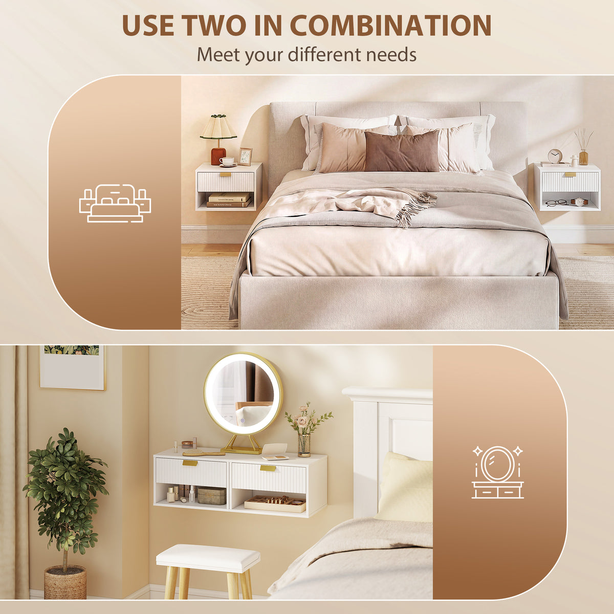 Set of 2 Floating Nightstands - White Wall Mounted Tables-Home Furnishings > Bedroom Furniture > Bedside Tables-DECOROLALA
