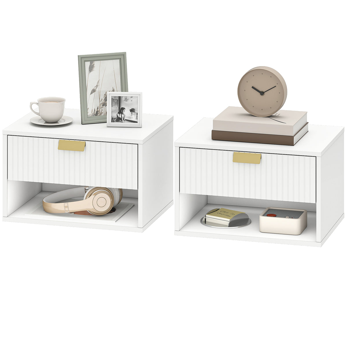 Set of 2 Floating Nightstands - White Wall Mounted Tables-Home Furnishings > Bedroom Furniture > Bedside Tables-DECOROLALA