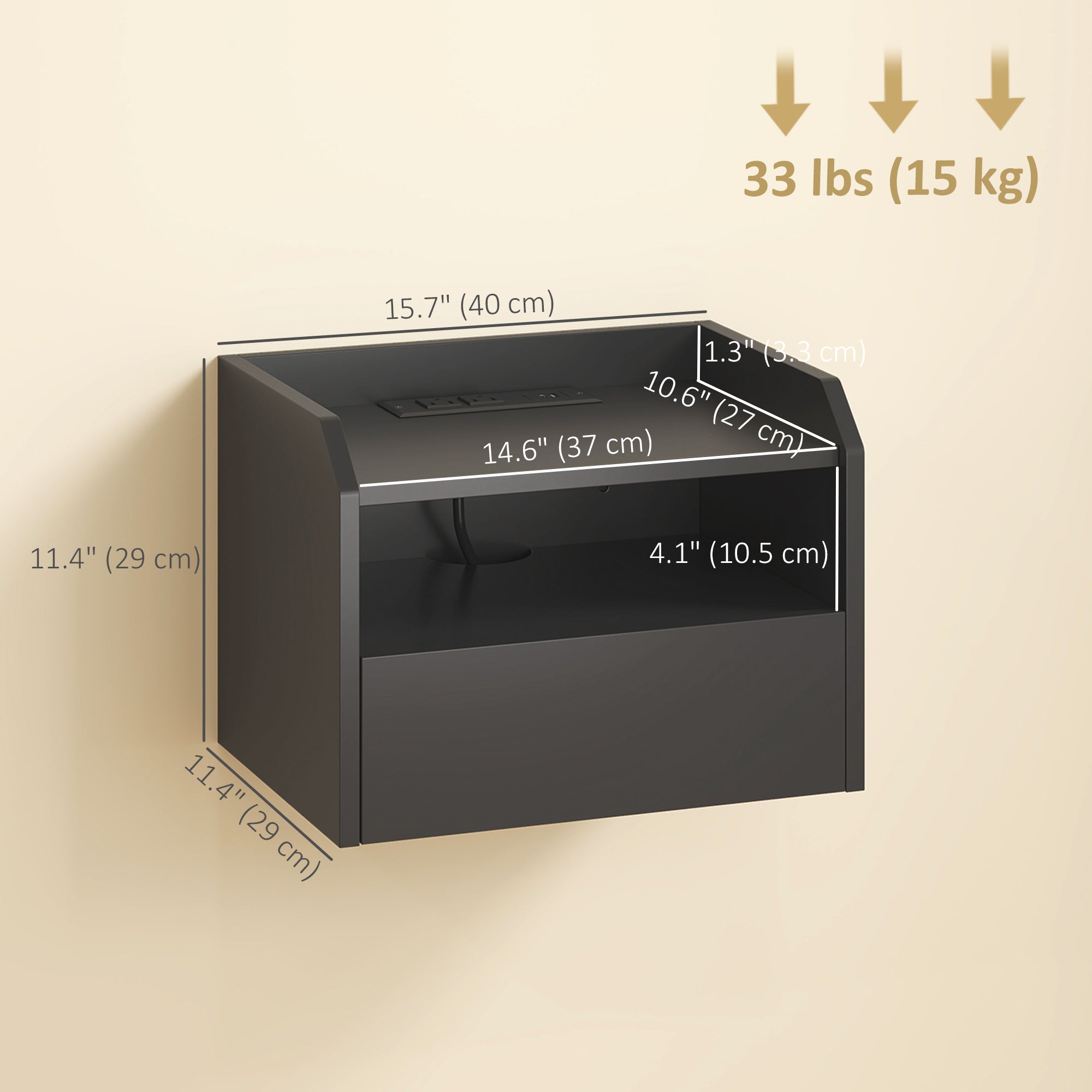 Set of 2 Floating Nightstands with Charging Station - Black-Home Furnishings > Bedroom Furniture > Bedside Tables-DECOROLALA