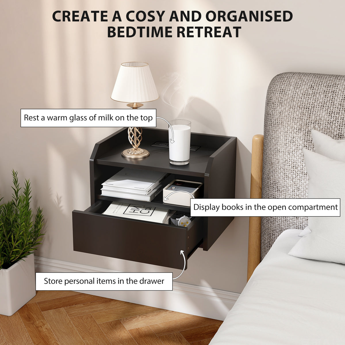 Set of 2 Floating Nightstands with Charging Station - Black-Home Furnishings > Bedroom Furniture > Bedside Tables-DECOROLALA