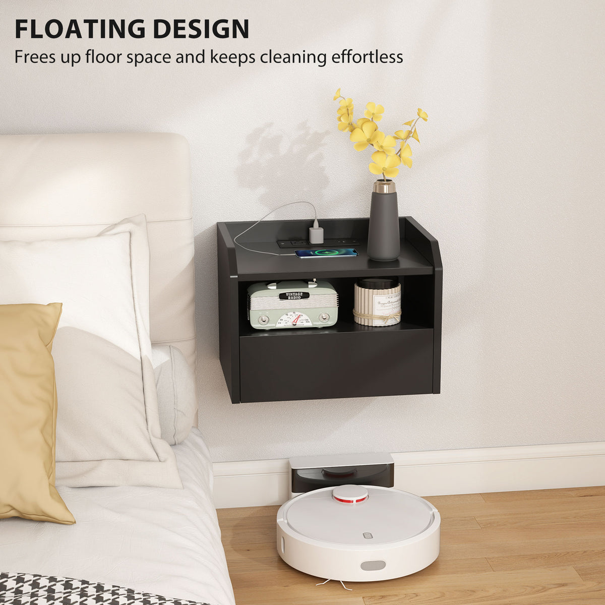 Set of 2 Floating Nightstands with Charging Station - Black-Home Furnishings > Bedroom Furniture > Bedside Tables-DECOROLALA
