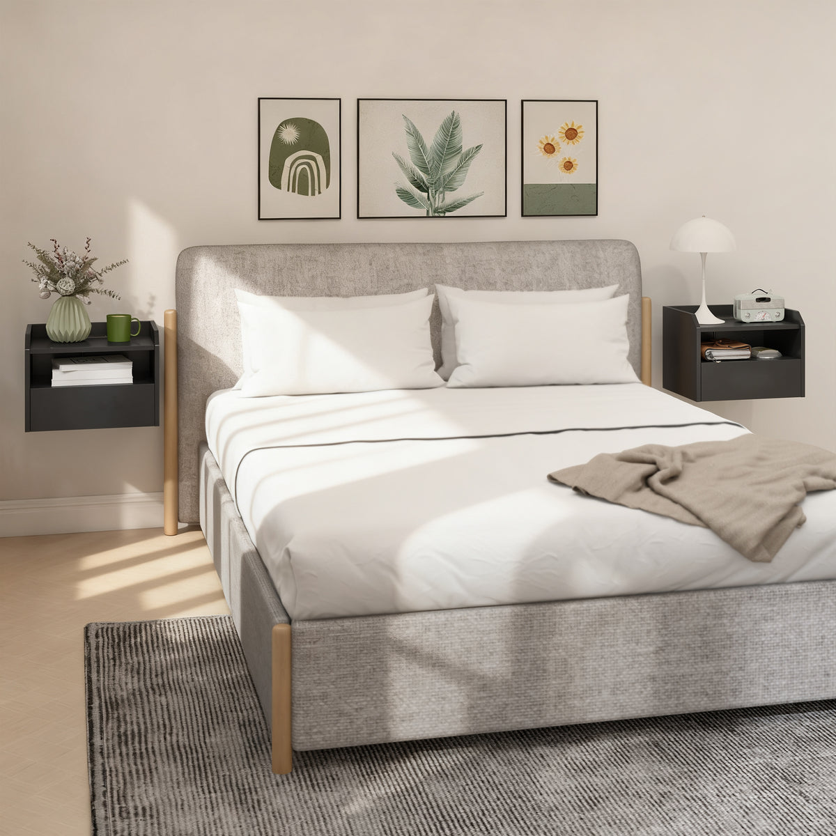 Set of 2 Floating Nightstands with Charging Station - Black-Home Furnishings > Bedroom Furniture > Bedside Tables-DECOROLALA