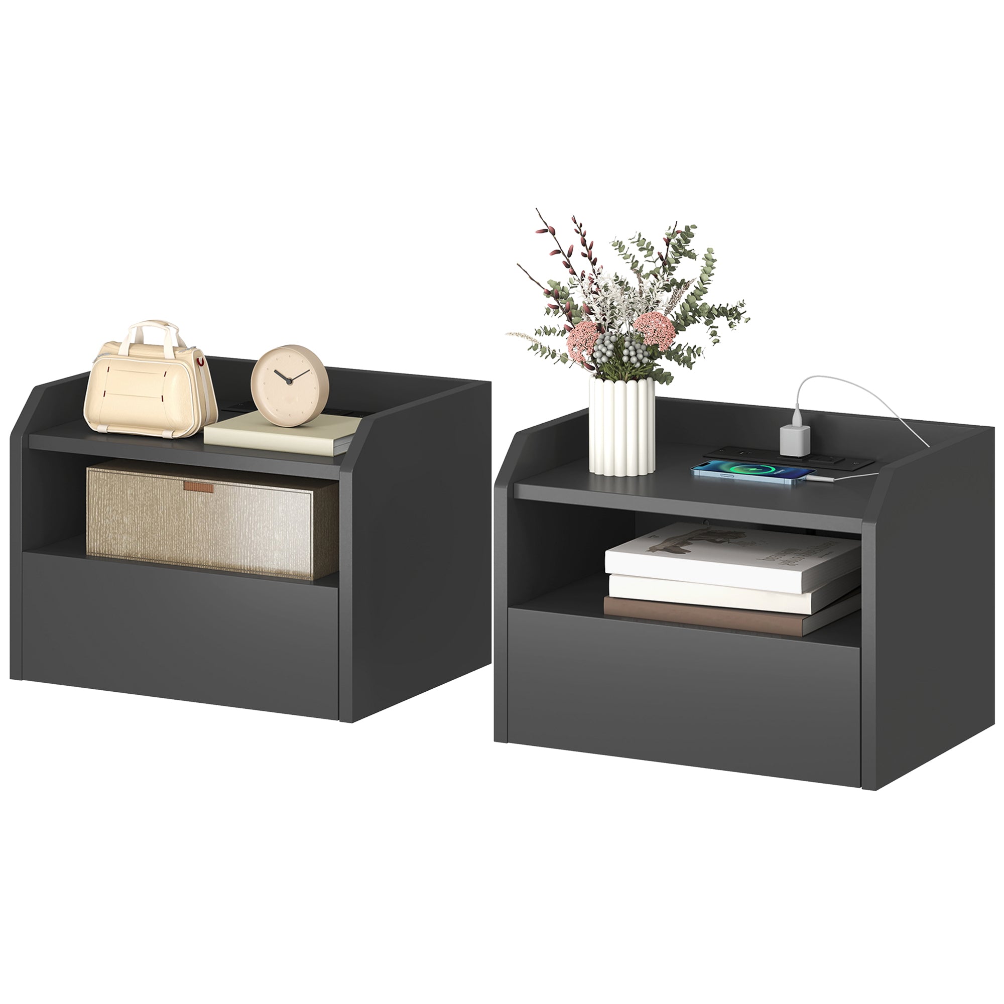 Set of 2 Floating Nightstands with Charging Station - Black-Home Furnishings > Bedroom Furniture > Bedside Tables-DECOROLALA