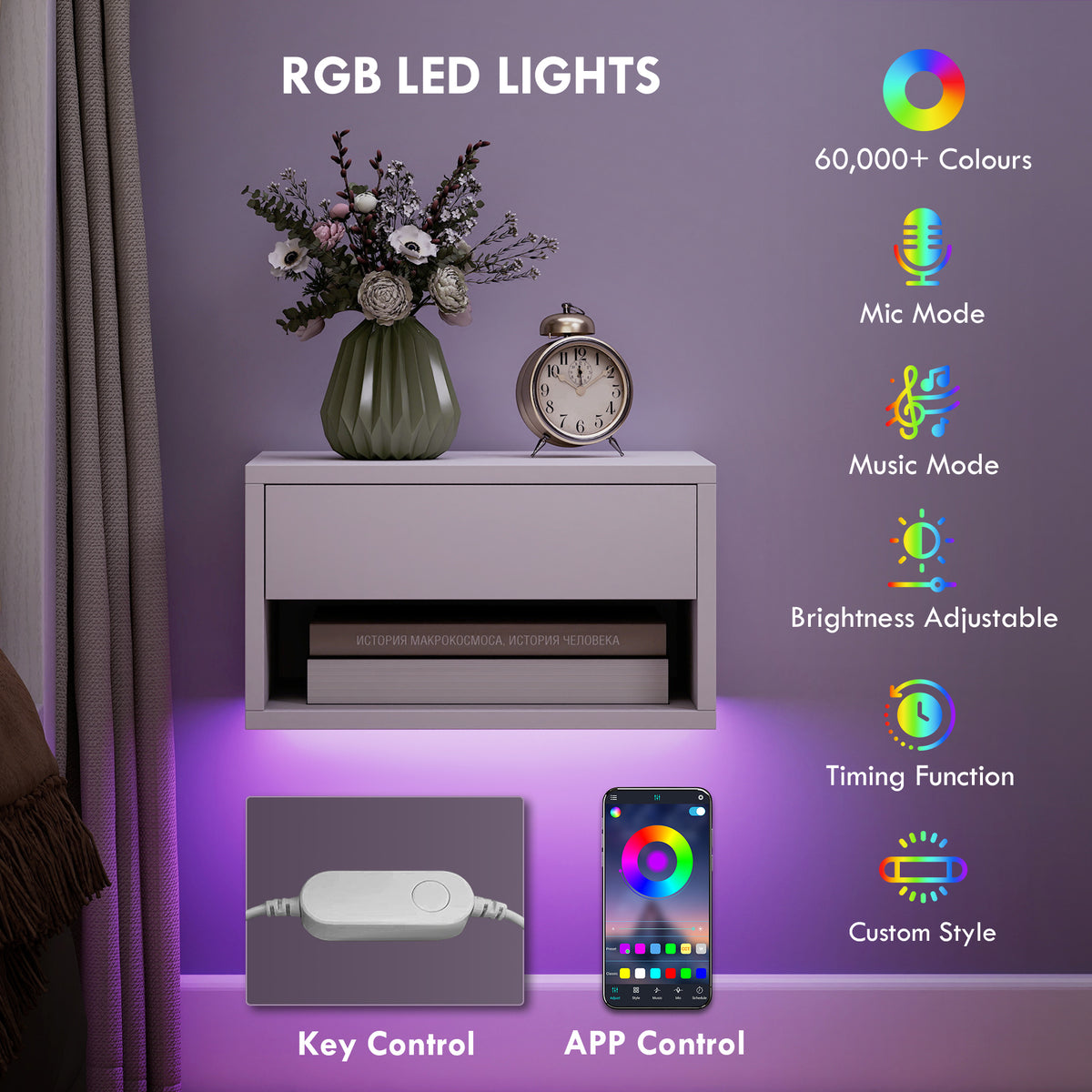 Set of 2 Floating Nightstands with RGB LED Lights - White-Home Furnishings > Bedroom Furniture > Bedside Tables-DECOROLALA