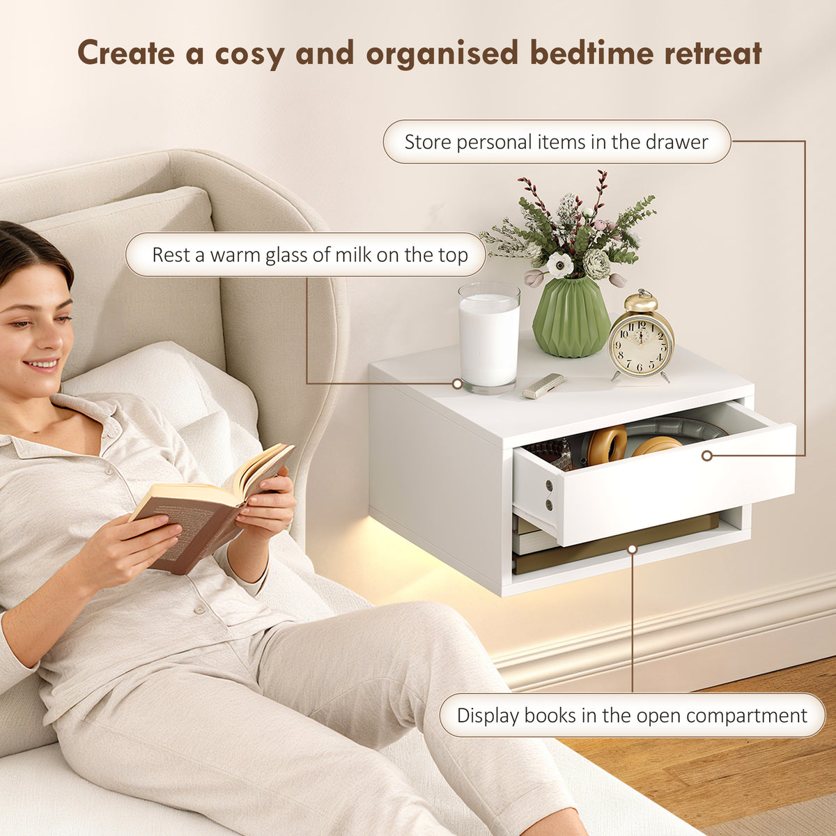 Set of 2 Floating Nightstands with RGB LED Lights - White-Home Furnishings > Bedroom Furniture > Bedside Tables-DECOROLALA