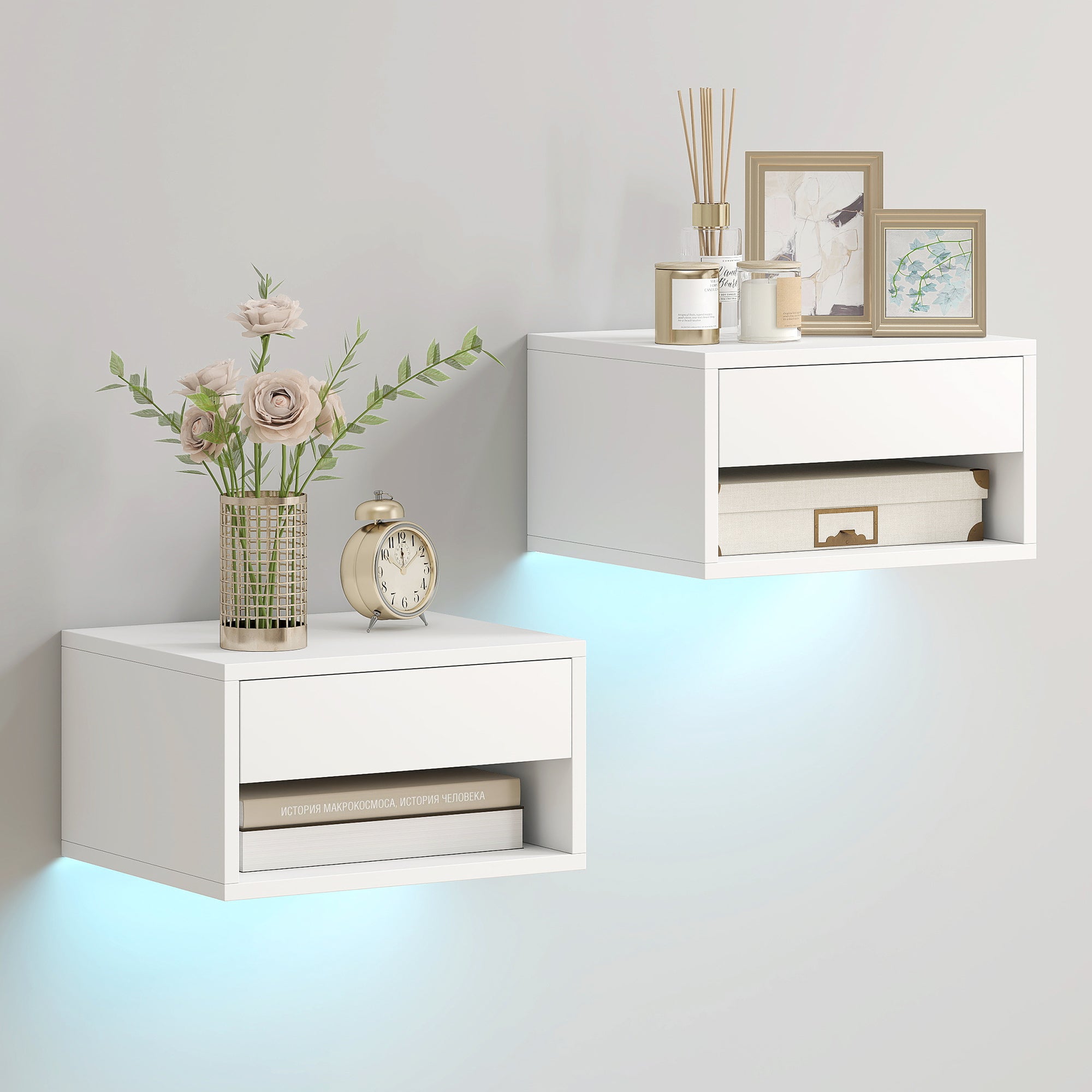 Set of 2 Floating Nightstands with RGB LED Lights - White-Home Furnishings > Bedroom Furniture > Bedside Tables-DECOROLALA