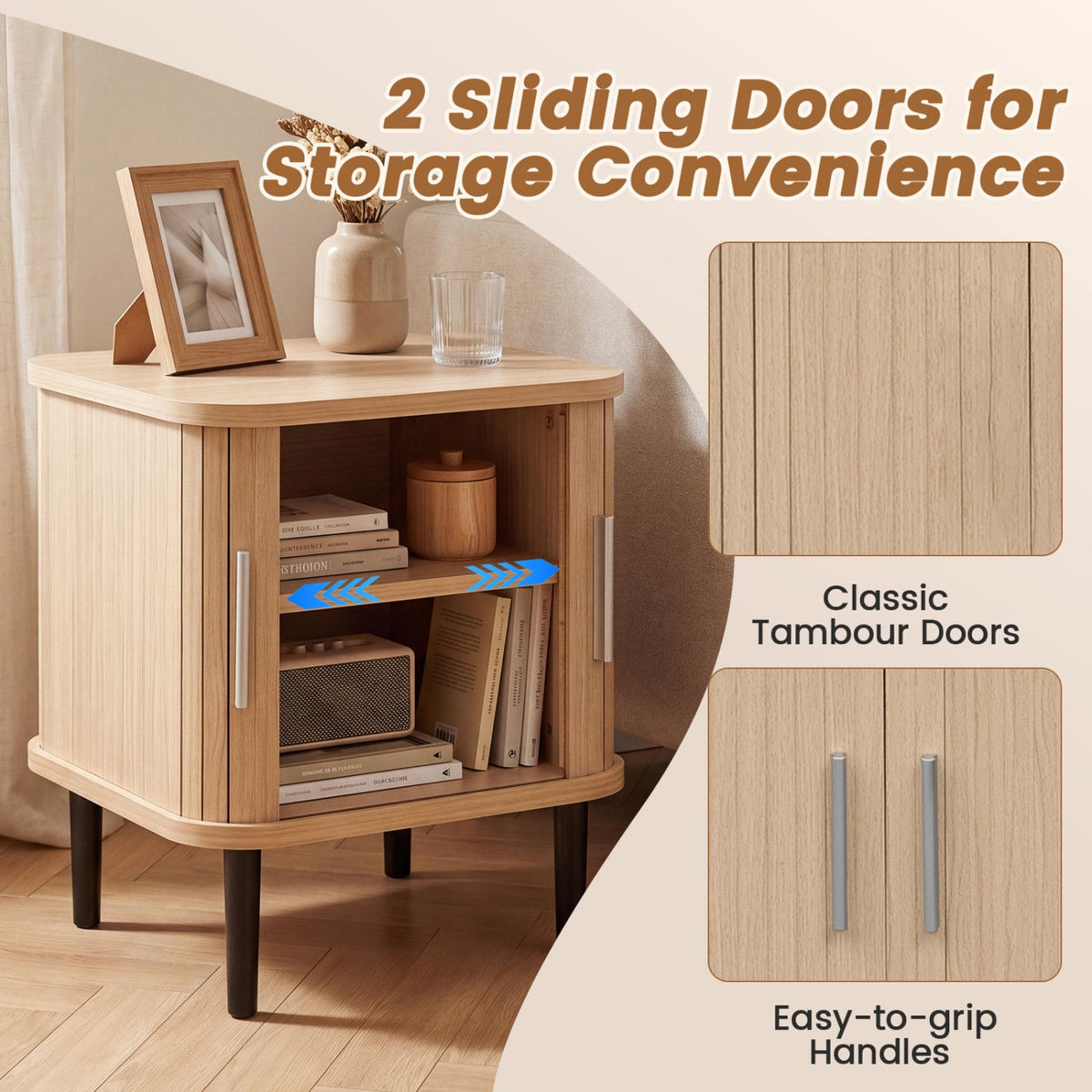 Set of 2 Fluted Nightstand with Sliding Doors and Adjustable Shelf for Small Spaces-Natural-Nightstands-DECOROLALA