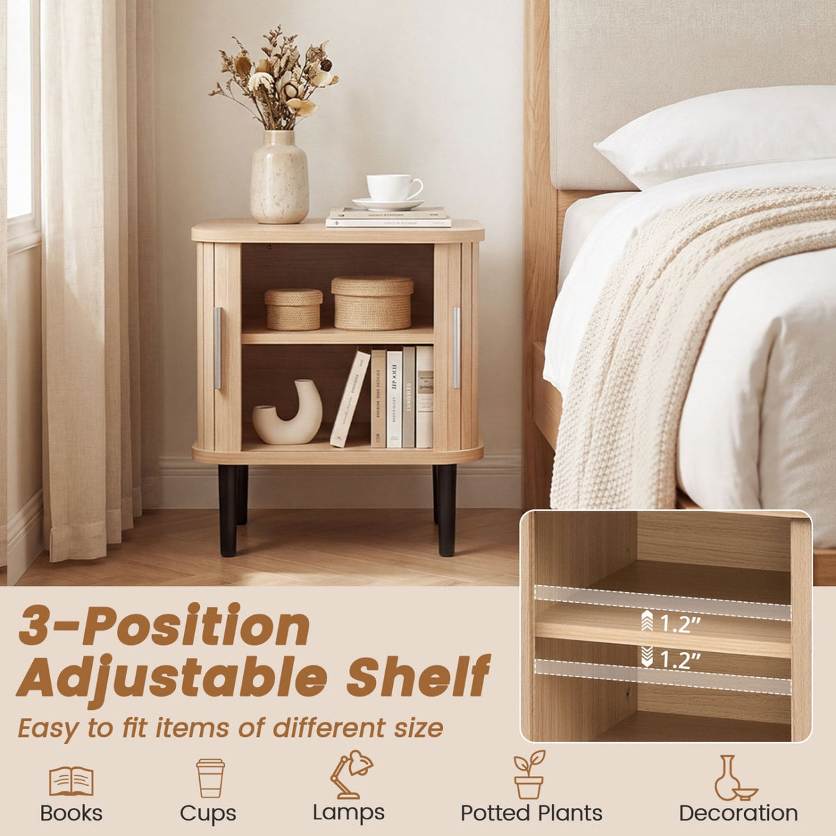 Set of 2 Fluted Nightstand with Sliding Doors and Adjustable Shelf for Small Spaces-Natural-Nightstands-DECOROLALA