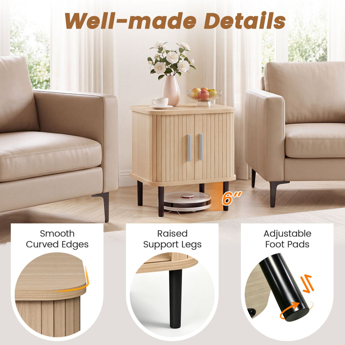 Set of 2 Fluted Nightstand with Sliding Doors and Adjustable Shelf for Small Spaces-Natural-Nightstands-DECOROLALA