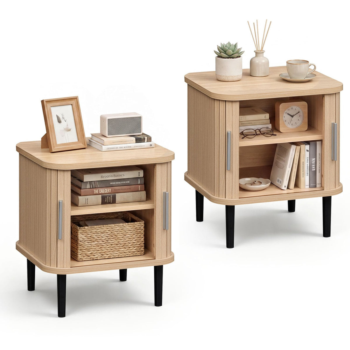 Set of 2 Fluted Nightstand with Sliding Doors and Adjustable Shelf for Small Spaces-Natural-Nightstands-DECOROLALA