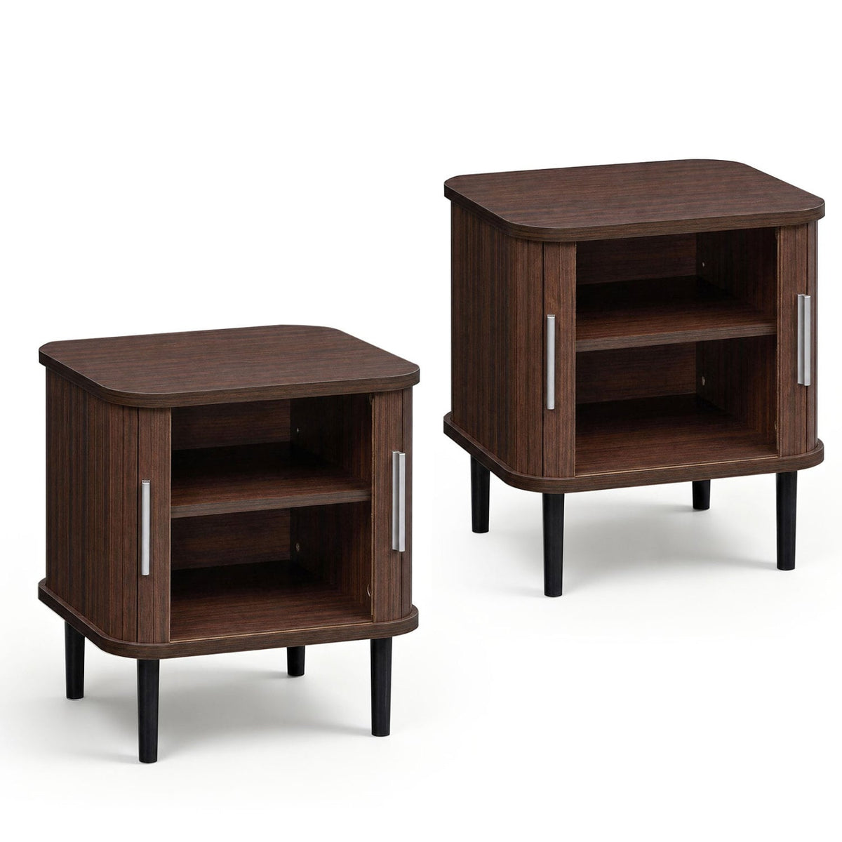 Set of 2 Fluted Nightstand with Sliding Doors and Adjustable Shelf for Small Spaces-Walnut-Nightstands-DECOROLALA