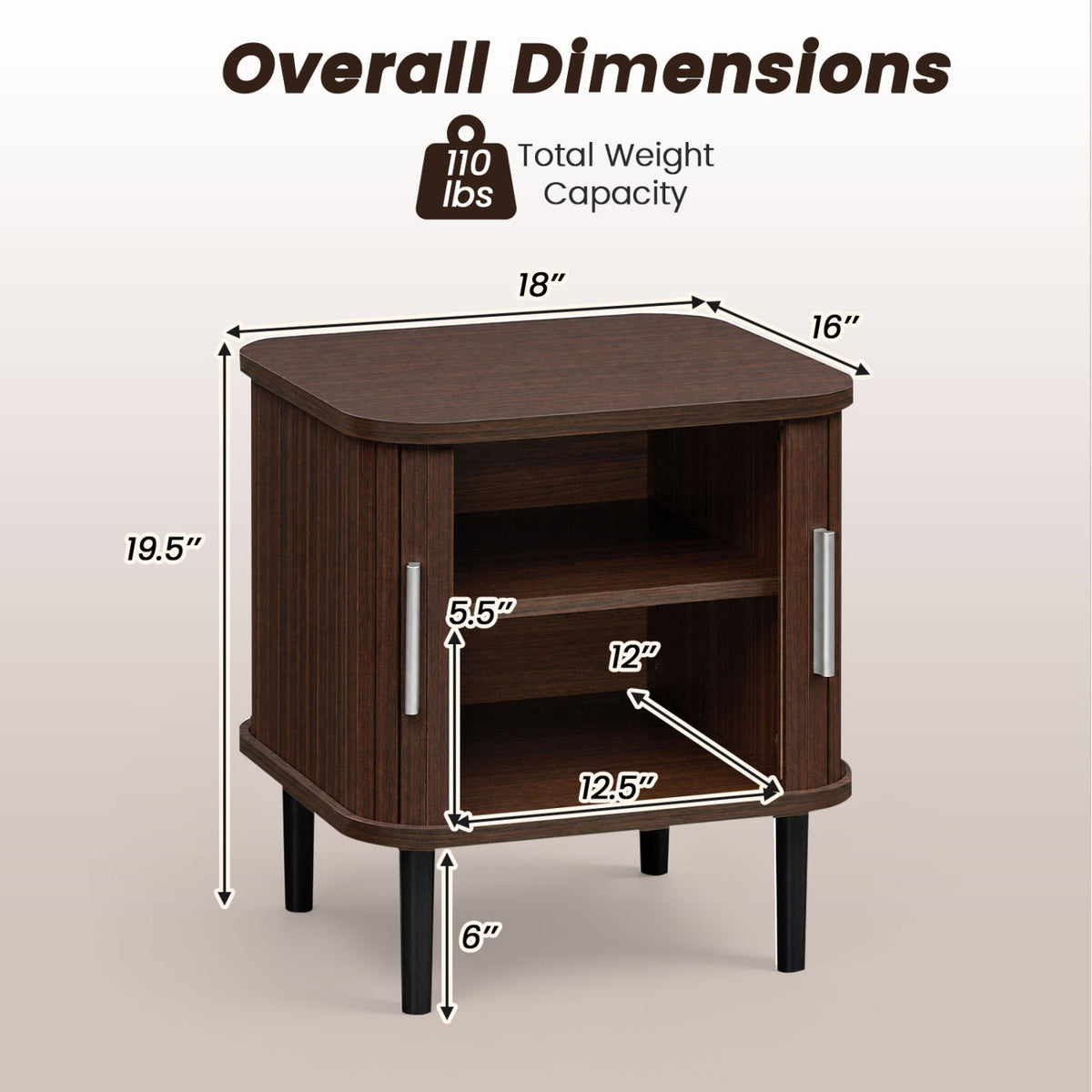 Set of 2 Fluted Nightstand with Sliding Doors and Adjustable Shelf for Small Spaces-Walnut-Nightstands-DECOROLALA