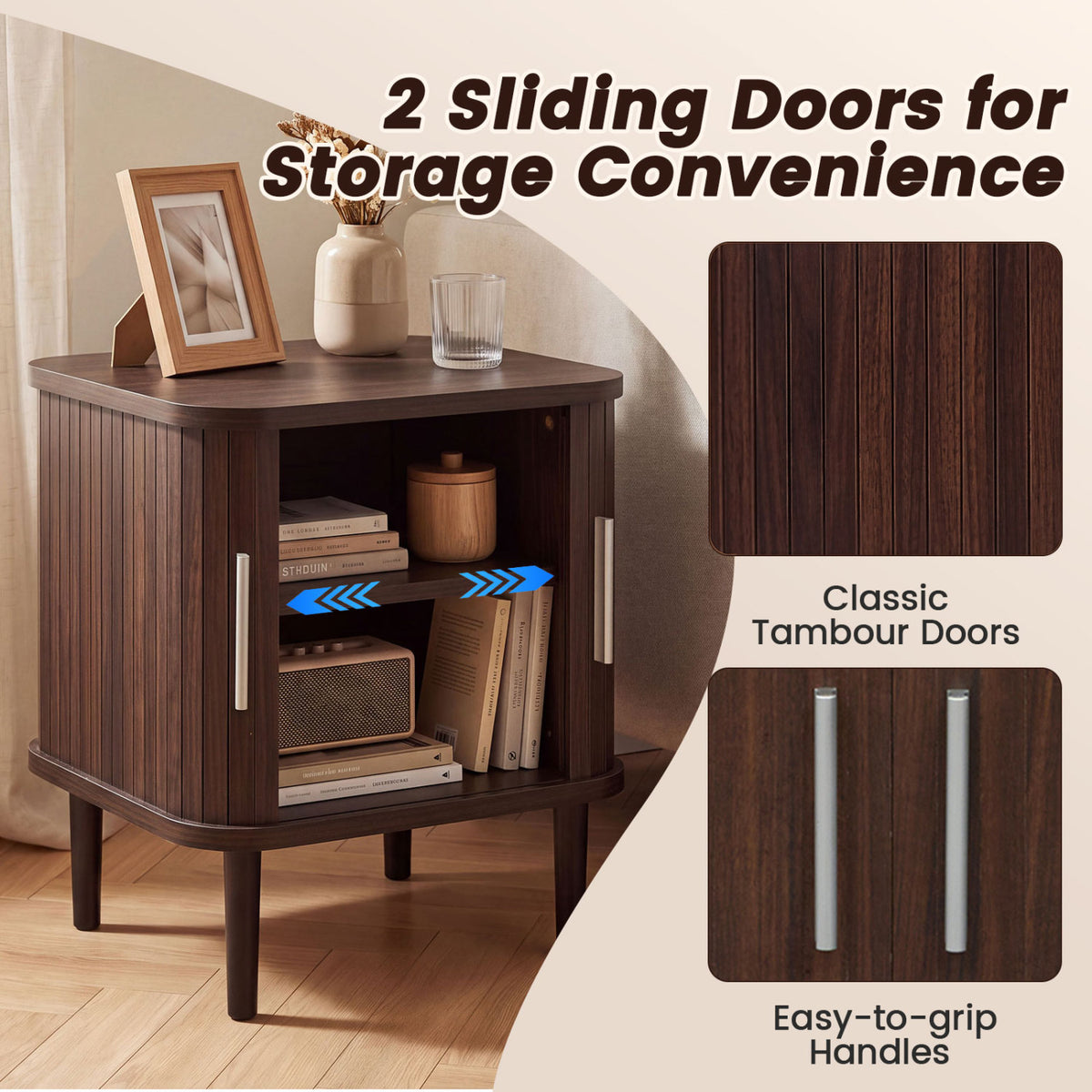 Set of 2 Fluted Nightstand with Sliding Doors and Adjustable Shelf for Small Spaces-Walnut-Nightstands-DECOROLALA