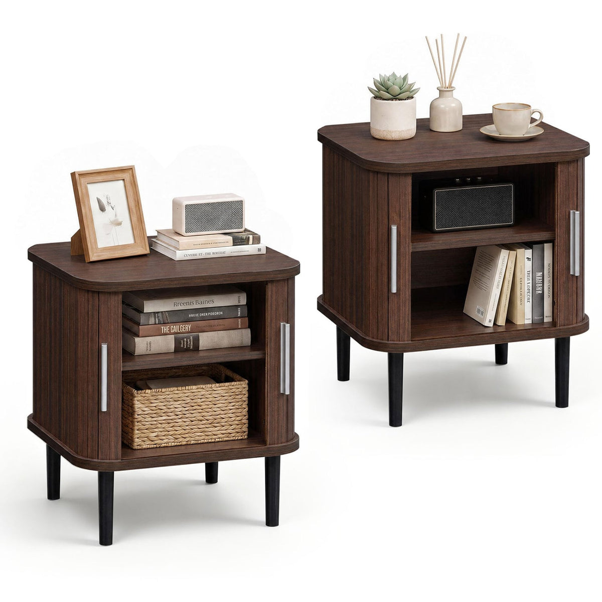 Set of 2 Fluted Nightstand with Sliding Doors and Adjustable Shelf for Small Spaces-Walnut-Nightstands-DECOROLALA