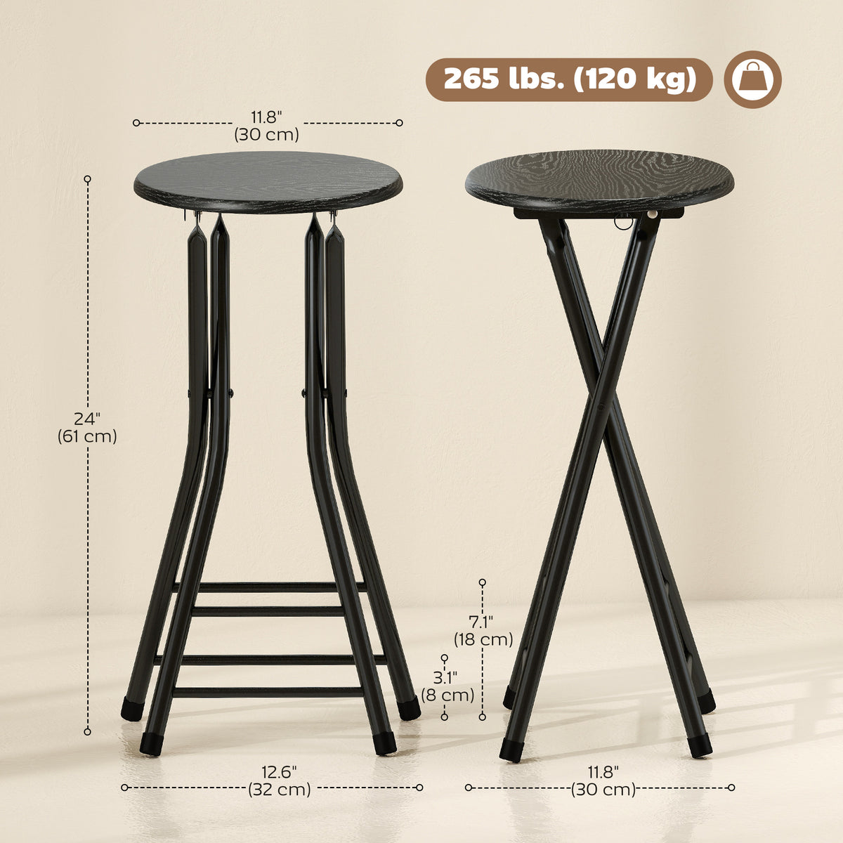 Set of 2 Foldable Barstools - Black 24" Counter Height-Home Furnishings > Kitchen & Dining Furniture > Bar Stools-DECOROLALA