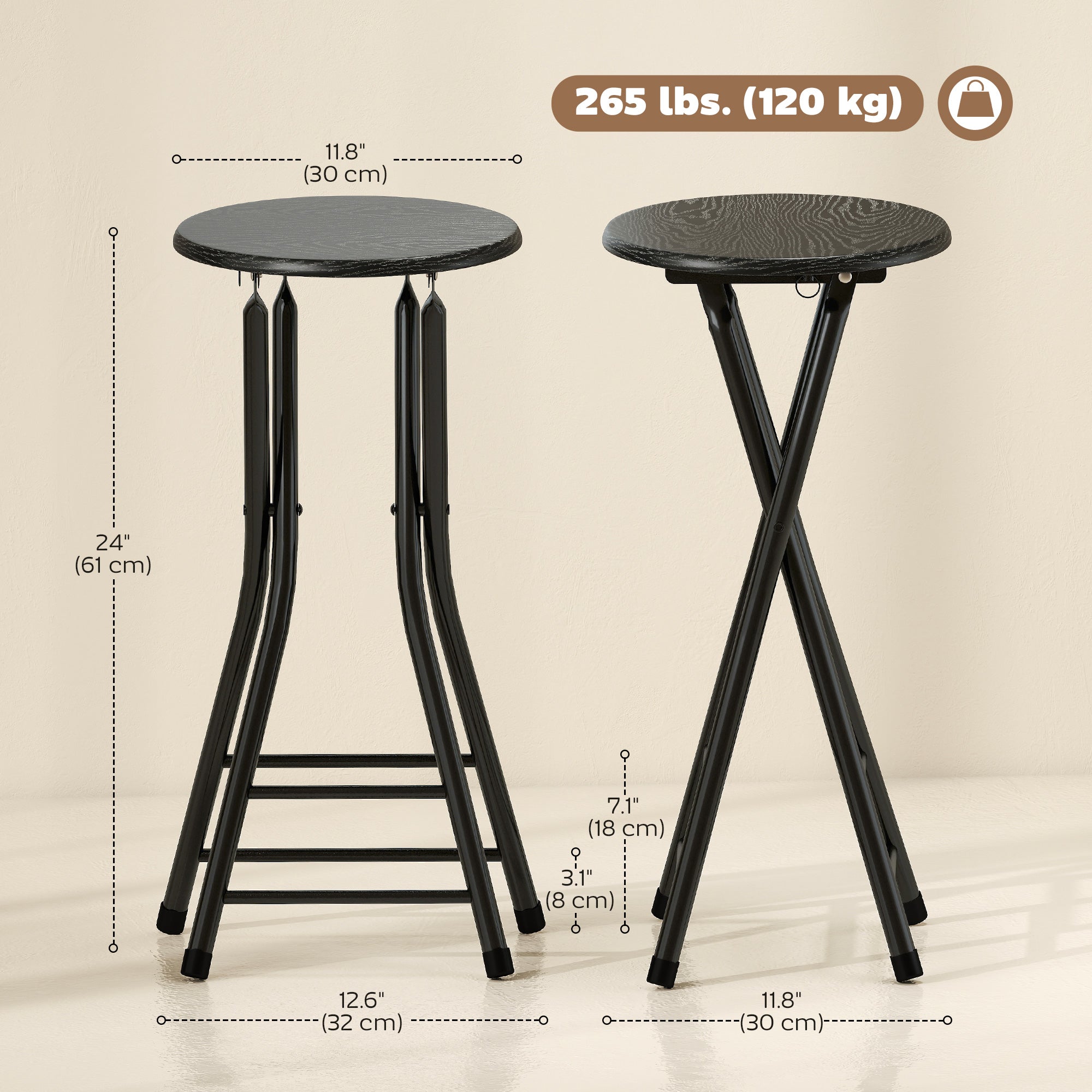 Set of 2 Foldable Barstools - Black 24" Counter Height-Home Furnishings > Kitchen & Dining Furniture > Bar Stools-DECOROLALA