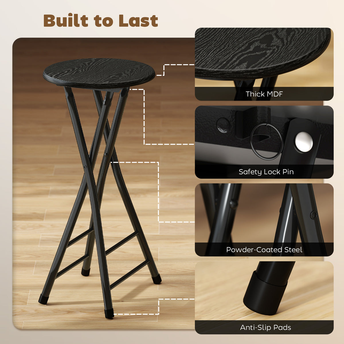 Set of 2 Foldable Barstools - Black 24" Counter Height-Home Furnishings > Kitchen & Dining Furniture > Bar Stools-DECOROLALA