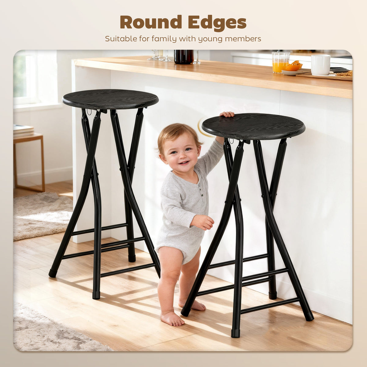 Set of 2 Foldable Barstools - Black 24" Counter Height-Home Furnishings > Kitchen & Dining Furniture > Bar Stools-DECOROLALA