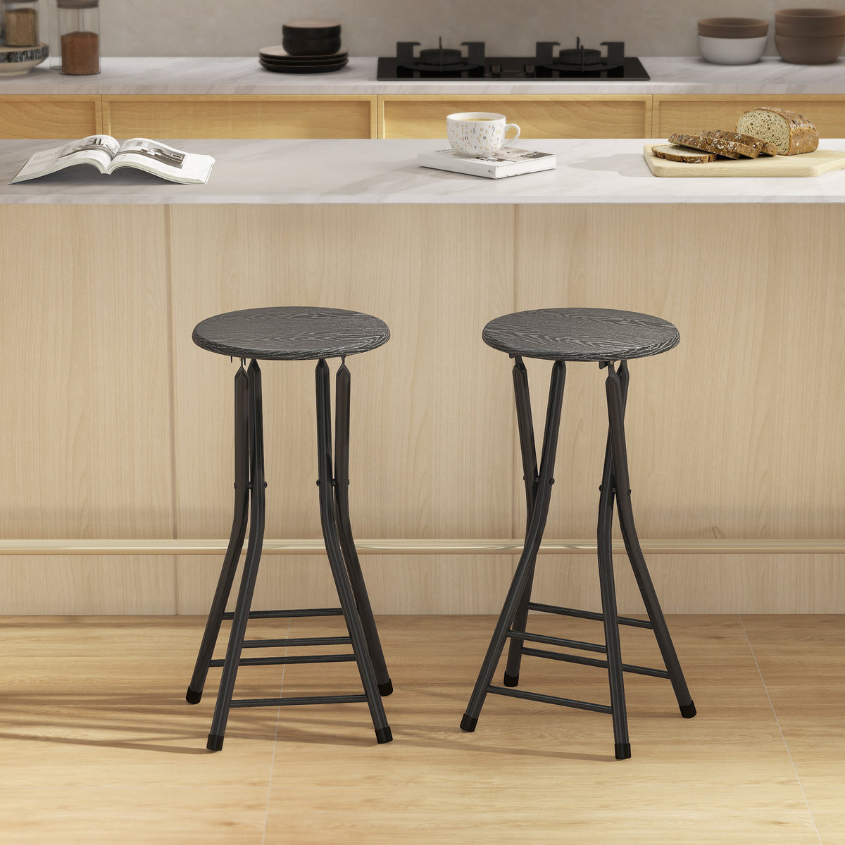 Set of 2 Foldable Barstools - Black 24" Counter Height-Home Furnishings > Kitchen & Dining Furniture > Bar Stools-DECOROLALA