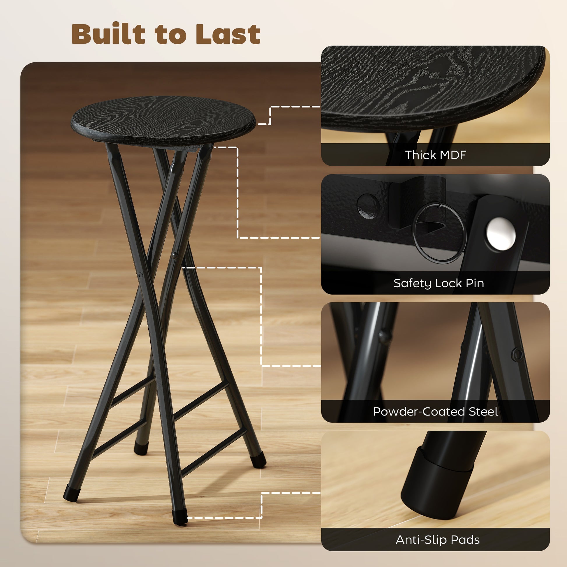 Set of 2 Foldable Barstools, Counter Height Bar Stools with Footrest and Steel Legs for Kitchen Island, Black-Home Furnishings > Kitchen & Dining Furniture > Bar Stools-DECOROLALA