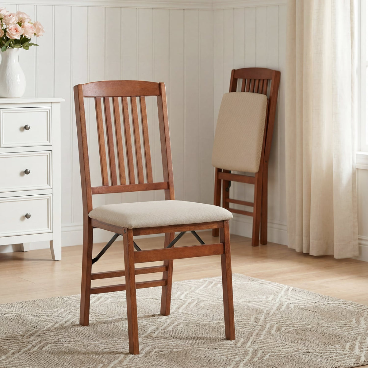 Set of 2 Foldable Upholstered Kitchen Chairs with Padded Seat-Beige-Dining Chairs-DECOROLALA