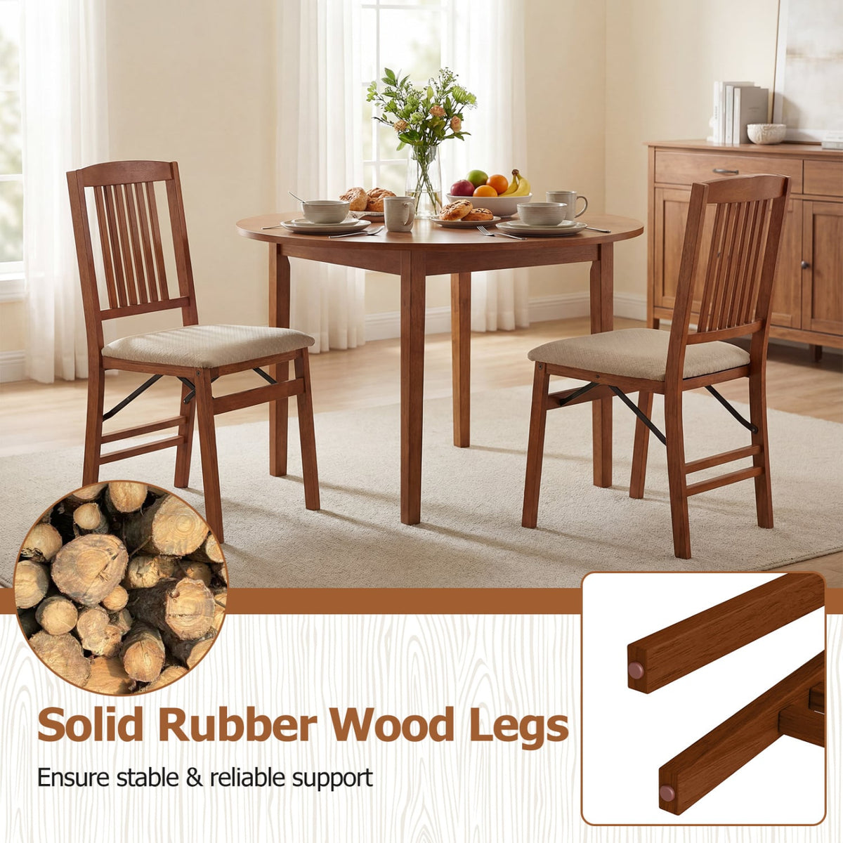 Set of 2 Foldable Upholstered Kitchen Chairs with Padded Seat-Beige-Dining Chairs-DECOROLALA