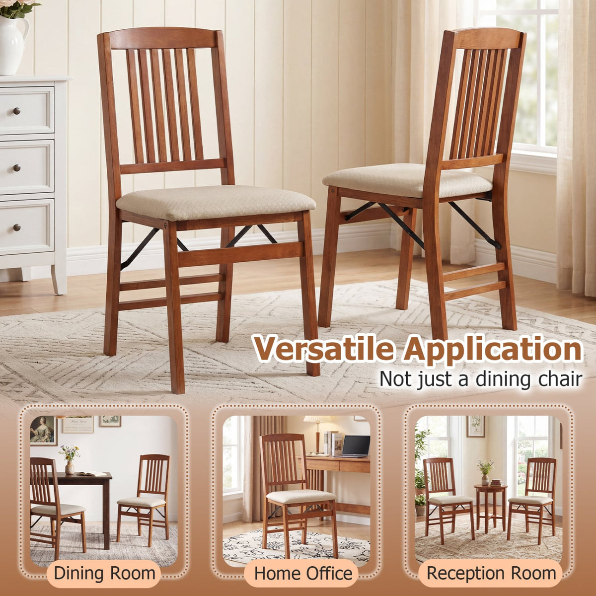 Set of 2 Foldable Upholstered Kitchen Chairs with Padded Seat-Beige-Dining Chairs-DECOROLALA