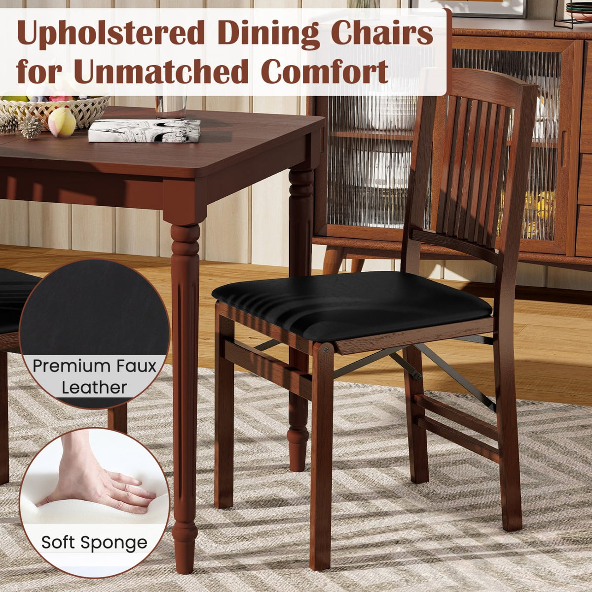 Set of 2 Foldable Upholstered Kitchen Chairs with Padded Seat-Brown-Dining Chairs-DECOROLALA