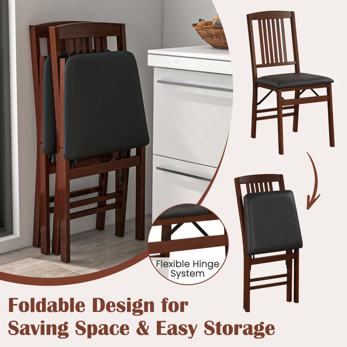 Set of 2 Foldable Upholstered Kitchen Chairs with Padded Seat-Brown-Dining Chairs-DECOROLALA