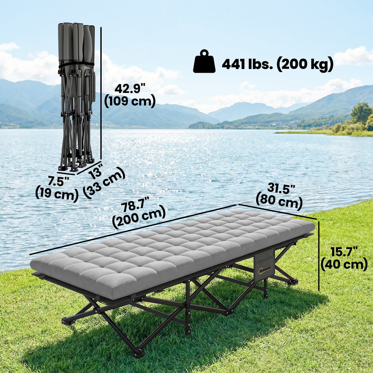 Set of 2 Folding Camping Cots with Soft Pad - 32" Wide Grey-Camping Cots-DECOROLALA