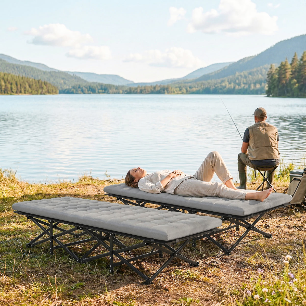 Set of 2 Folding Camping Cots with Soft Pad - 32" Wide Grey-Camping Cots-DECOROLALA