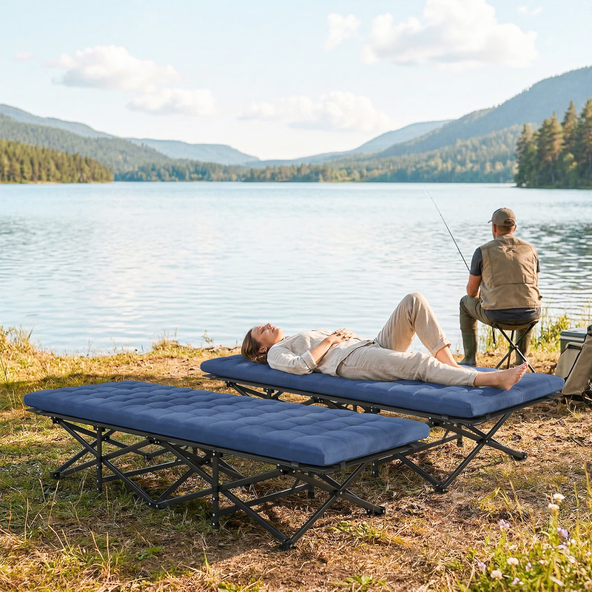 Set of 2 Folding Camping Cots with Soft Pad - Blue-Camping Cots-DECOROLALA