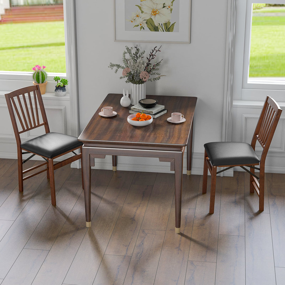 Set of 2 Folding Chairs with Padded Seat and Rubber Wood Frame-Brown-Dining Chairs-DECOROLALA