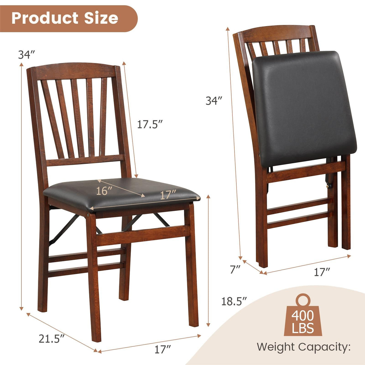 Set of 2 Folding Chairs with Padded Seat and Rubber Wood Frame-Brown-Dining Chairs-DECOROLALA