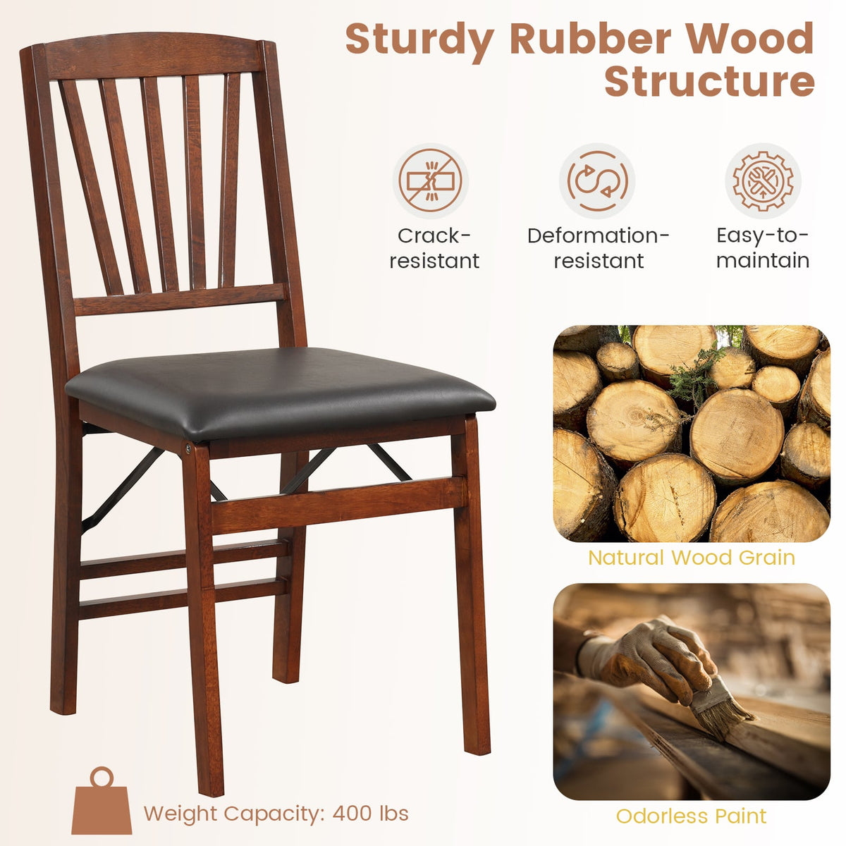 Set of 2 Folding Chairs with Padded Seat and Rubber Wood Frame-Brown-Dining Chairs-DECOROLALA