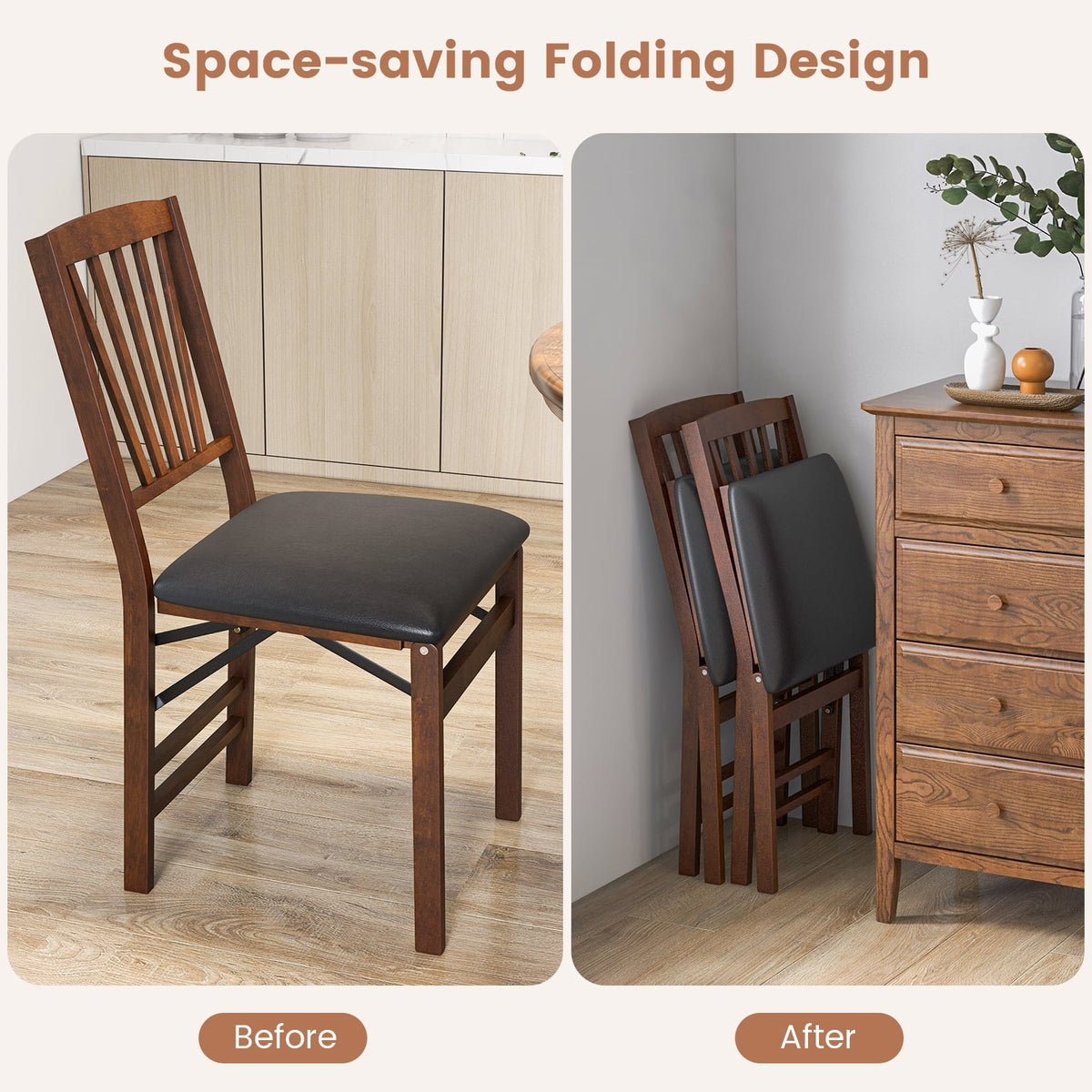 Set of 2 Folding Chairs with Padded Seat and Rubber Wood Frame-Brown-Dining Chairs-DECOROLALA