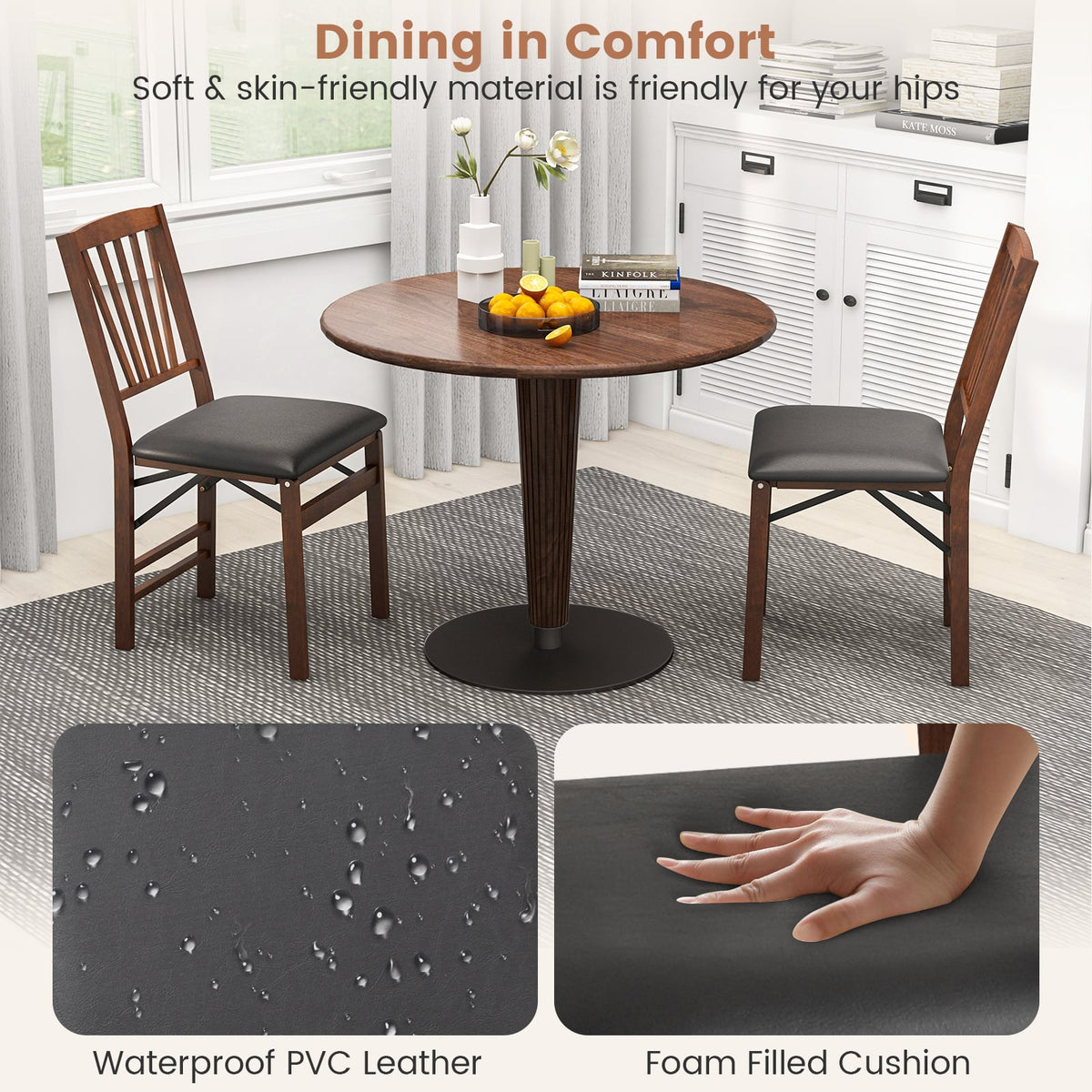 Set of 2 Folding Chairs with Padded Seat and Rubber Wood Frame-Brown-Dining Chairs-DECOROLALA