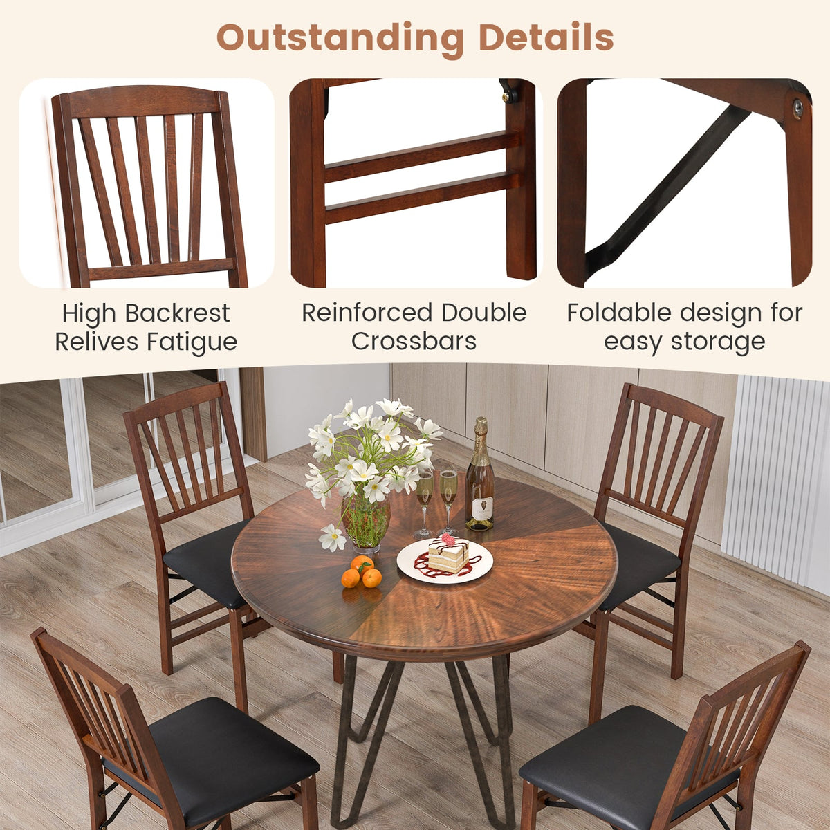 Set of 2 Folding Chairs with Padded Seat and Rubber Wood Frame-Brown-Dining Chairs-DECOROLALA