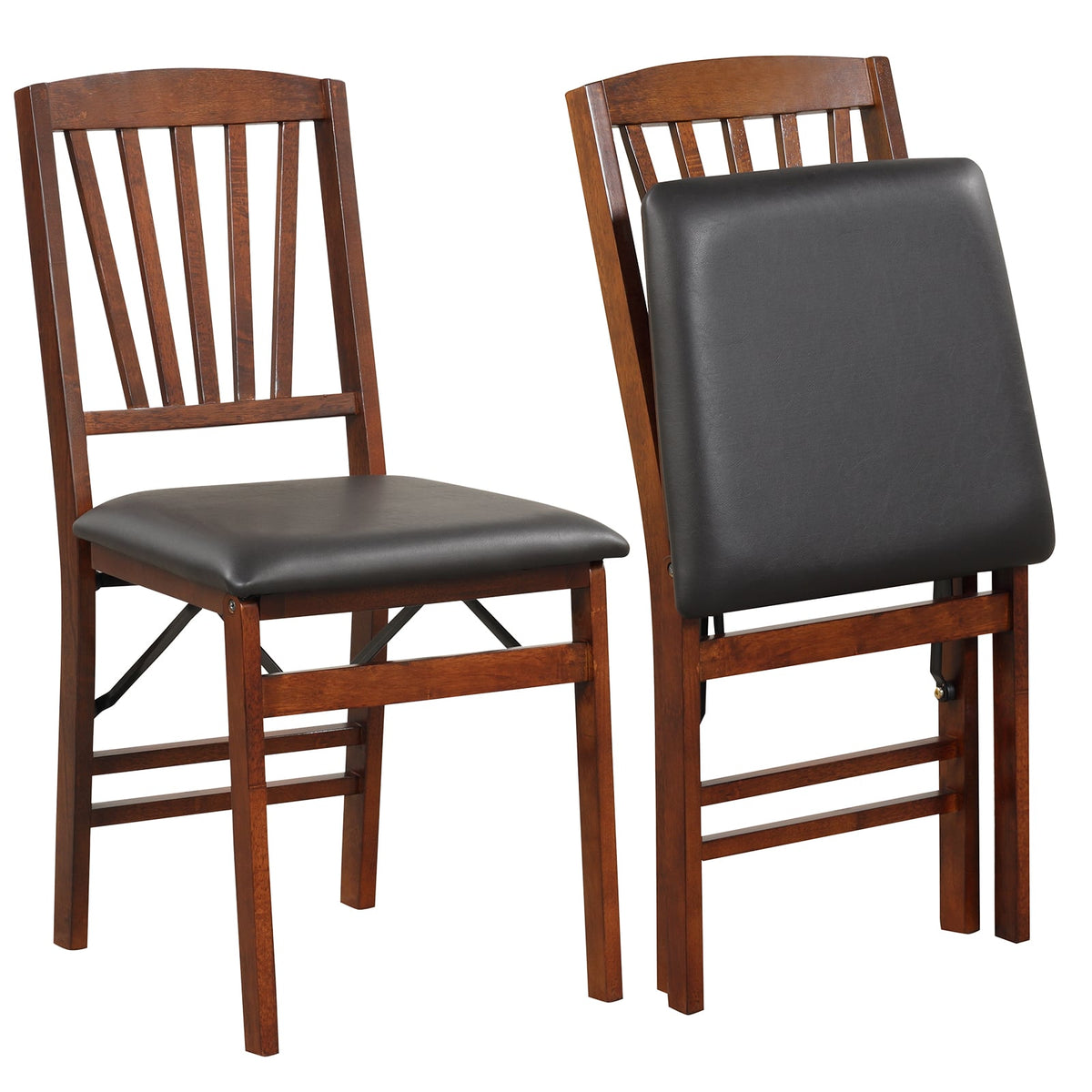 Set of 2 Folding Chairs with Padded Seat and Rubber Wood Frame-Brown-Dining Chairs-DECOROLALA