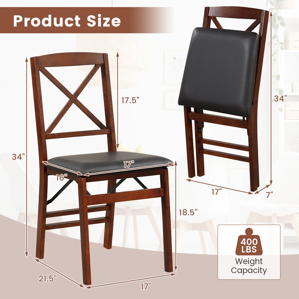 Set of 2 Folding Dining Chairs with 400 LBS Capacity-Brown-Dining Chairs-DECOROLALA