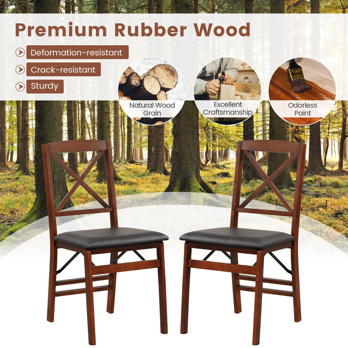 Set of 2 Folding Dining Chairs with 400 LBS Capacity-Brown-Dining Chairs-DECOROLALA