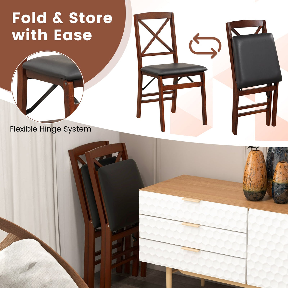 Set of 2 Folding Dining Chairs with 400 LBS Capacity-Brown-Dining Chairs-DECOROLALA