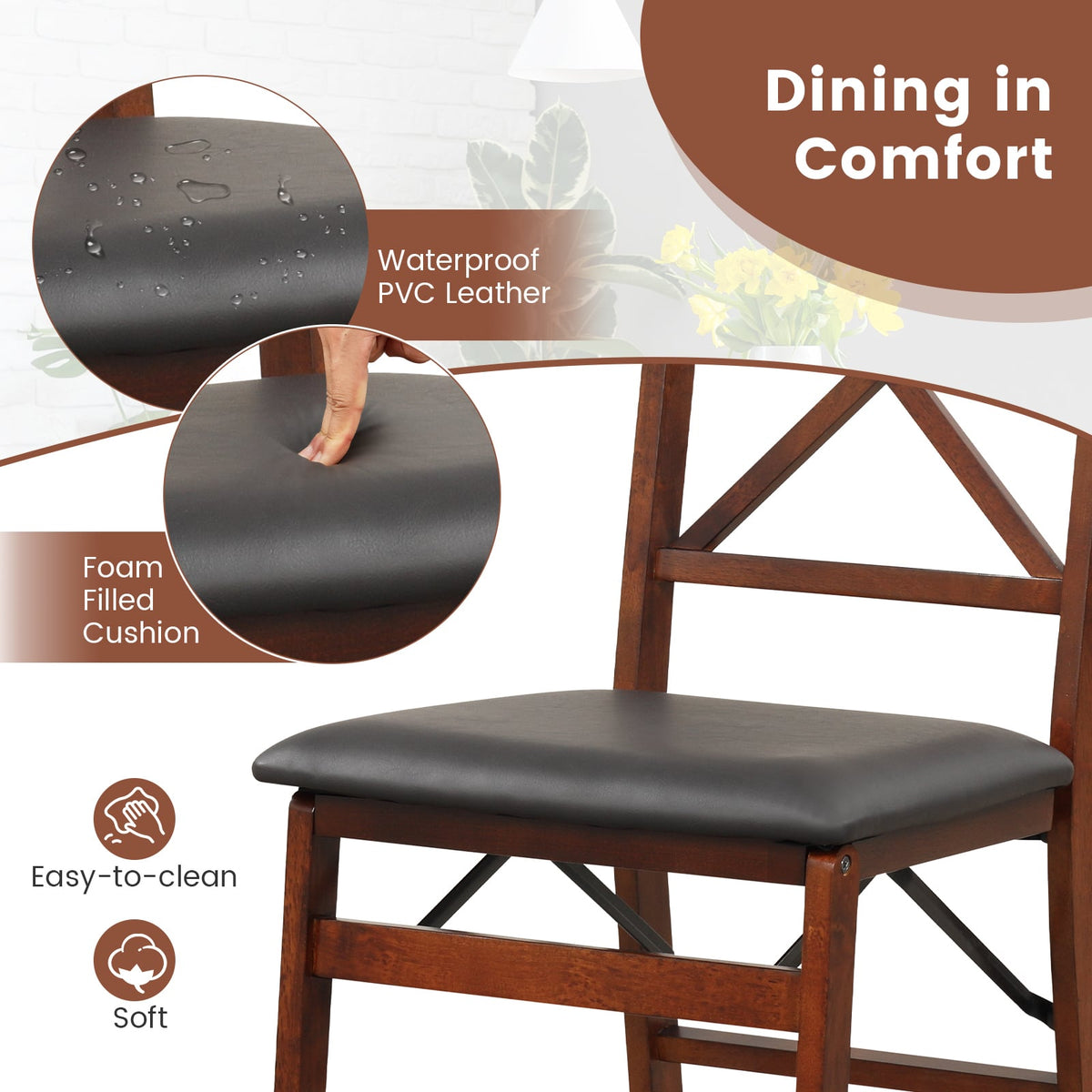 Set of 2 Folding Dining Chairs with 400 LBS Capacity-Brown-Dining Chairs-DECOROLALA