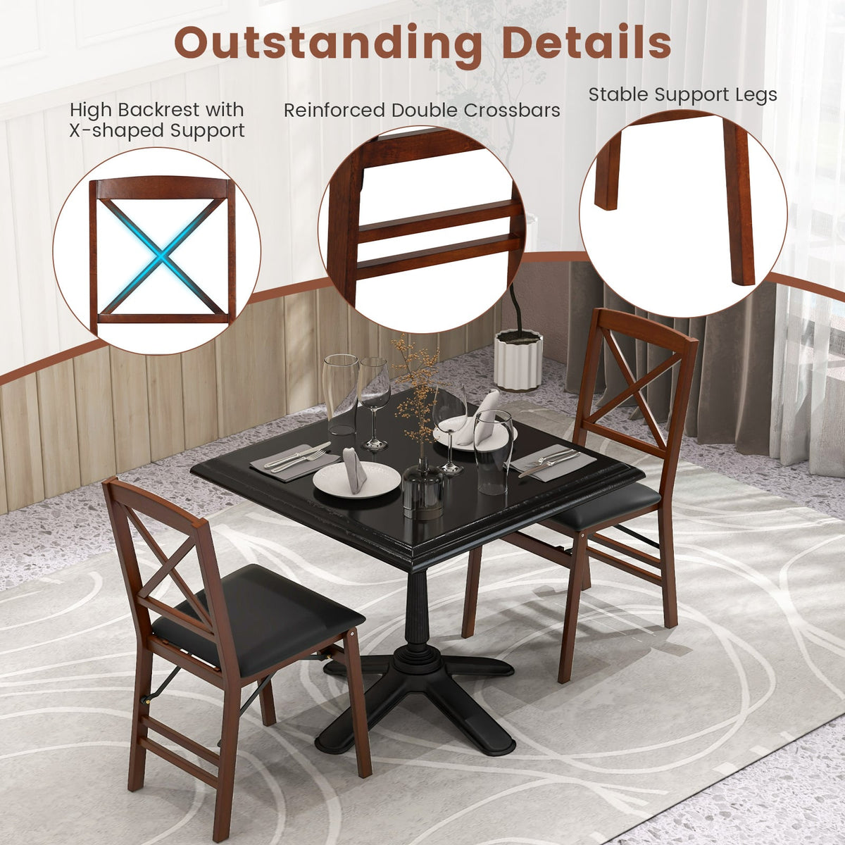 Set of 2 Folding Dining Chairs with 400 LBS Capacity-Brown-Dining Chairs-DECOROLALA