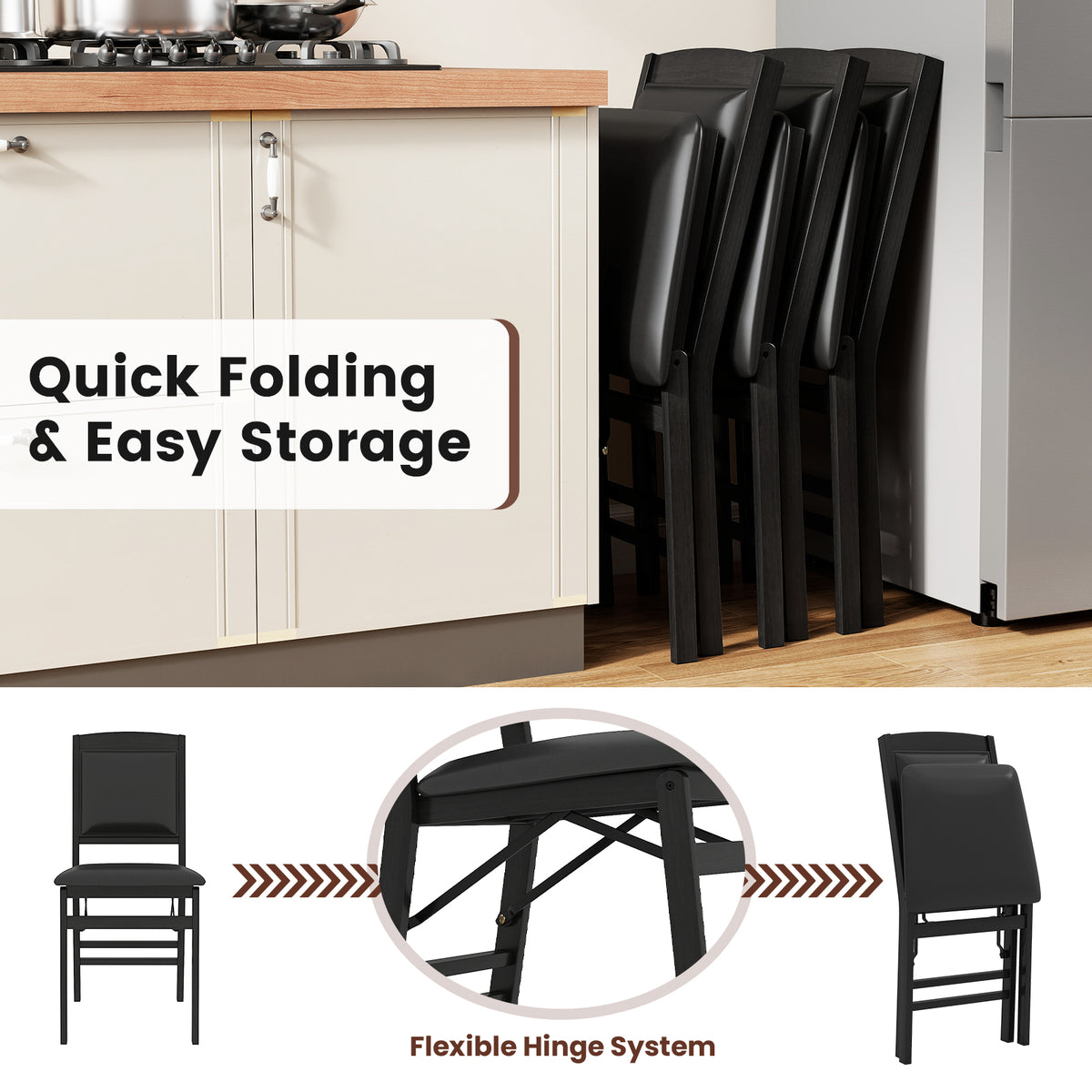 Set of 2 Folding Dining Chairs with Padded Seat and High Backrest-Black-Dining Chairs-DECOROLALA