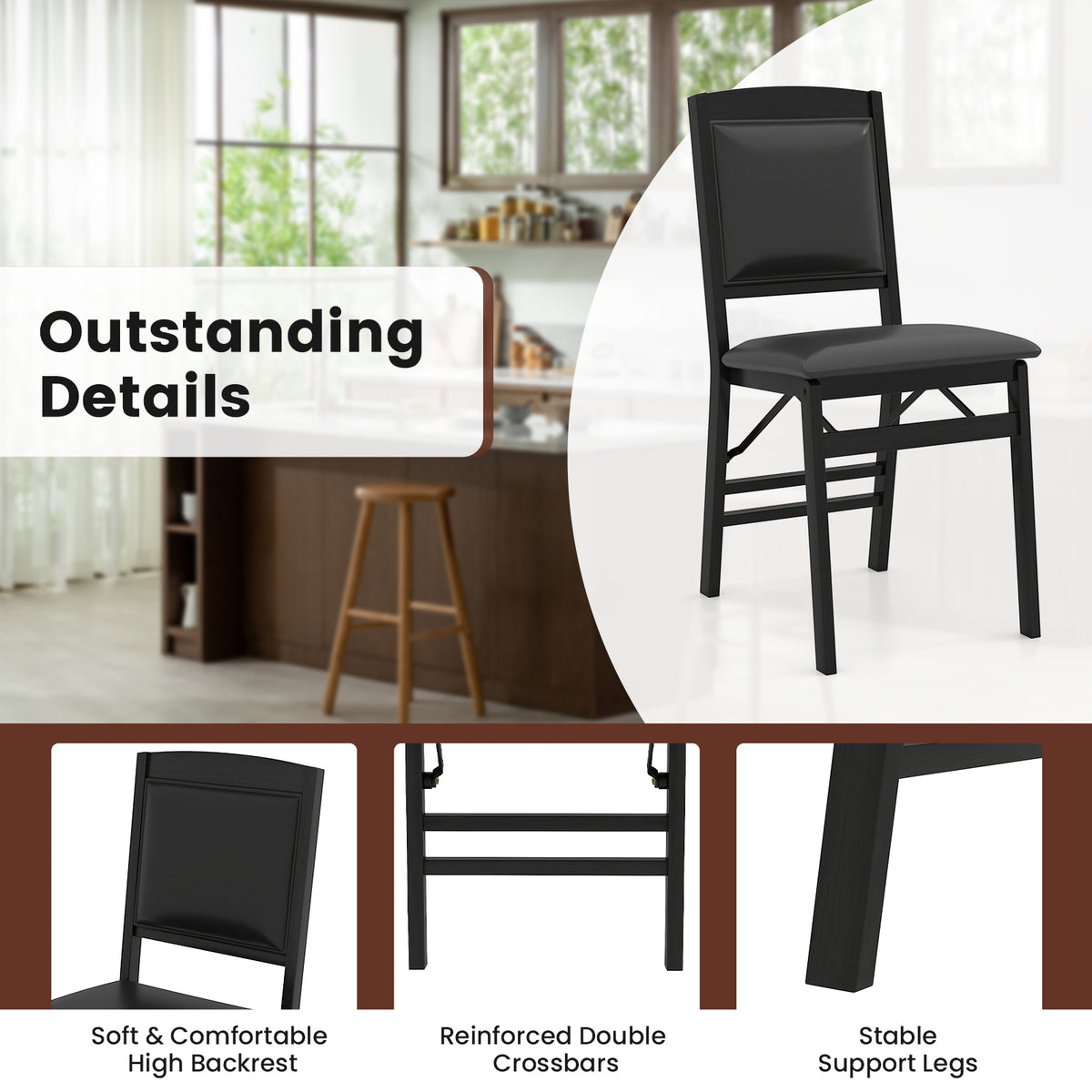 Set of 2 Folding Dining Chairs with Padded Seat and High Backrest-Black-Dining Chairs-DECOROLALA
